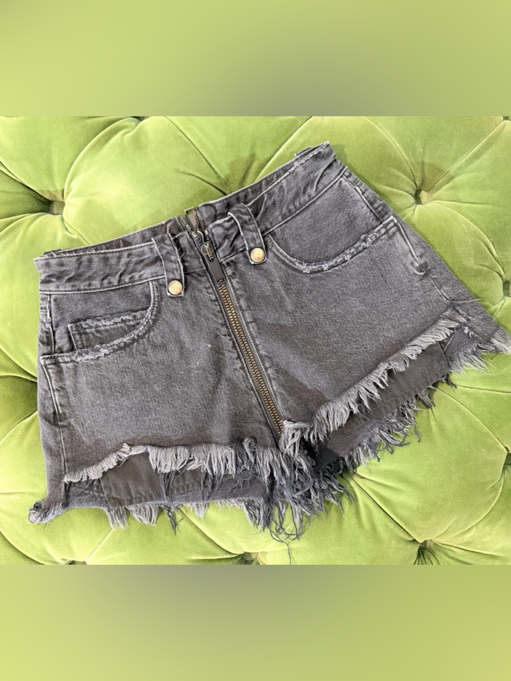 High-Rise Black Frayed Denim Shorts with Center Zip